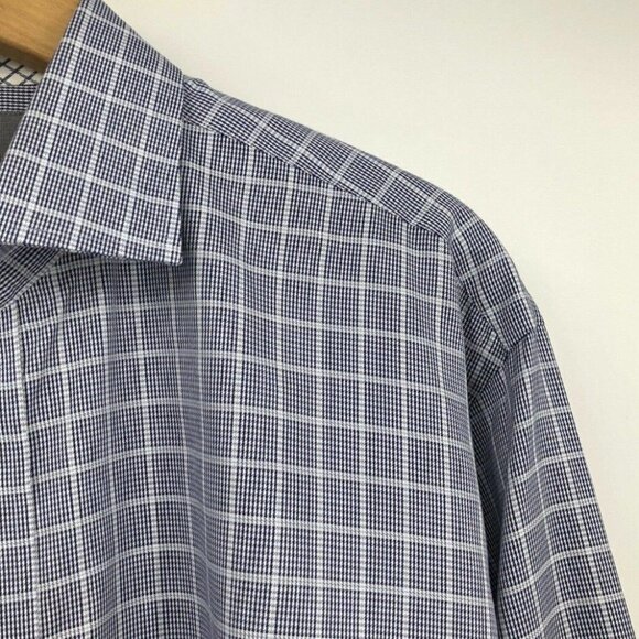 Thomas Dean Men’s Size L Button Up Shirt Plaid Houndstooth Navy Blue Flip Cuff - Picture 3 of 9